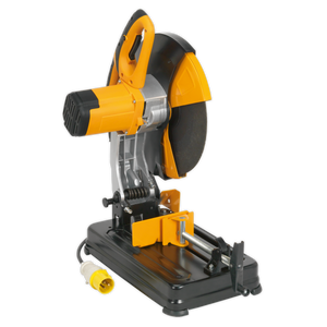 The Sealey Cut-Off Saw Ø355mm 110V Abrasive Disc Portable - SM355D110V, a yellow and black general-purpose saw with a powerful 2480W motor, features a circular blade mounted on a sturdy base with an attached power cord.