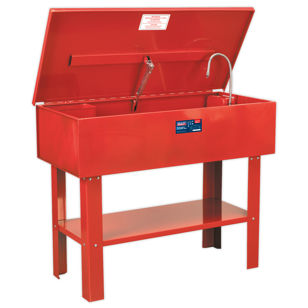 The Sealey Parts Cleaning Tank - SM40 is a red metal washer featuring an open lid, a cleaning nozzle, and a front label. It boasts a large capacity tank and is supported by four sturdy legs. This washer also comes with a triple-baked enamel finish for enhanced durability.