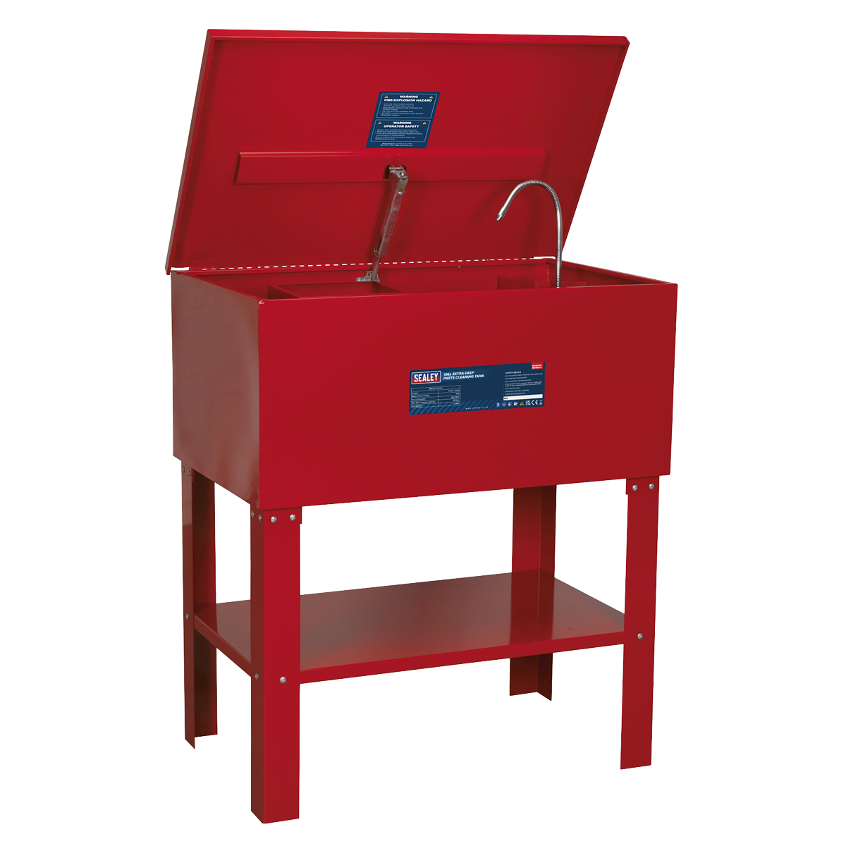 The Sealey Parts Cleaning Tank Extra-Deep 136L - SM40D, in red, features a heavy-duty steel tank with an open lid, a flexible metal nozzle, and a lower storage shelf on four sturdy legs.