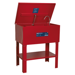 The Sealey Parts Cleaning Tank Extra-Deep 136L - SM40D, in red, features a heavy-duty steel tank with an open lid, a flexible metal nozzle, and a lower storage shelf on four sturdy legs.