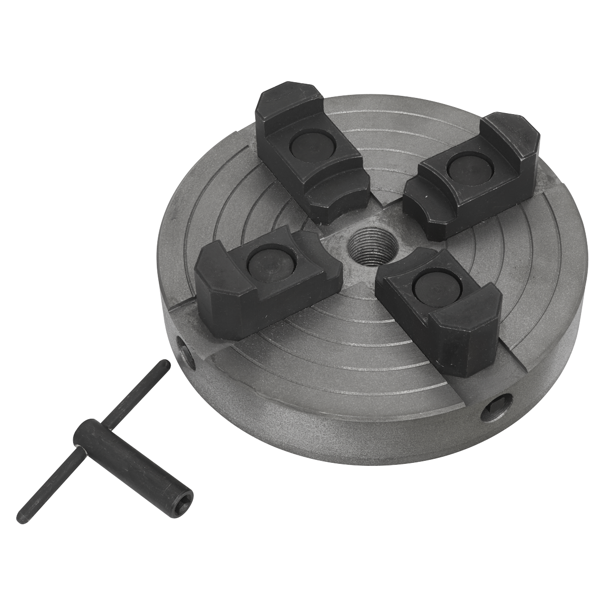 Introducing the Sealey Independent Chuck - SM42/ACC5, a metal four-jaw chuck complete with a T-handle wrench, perfect for your wood turning lathe.