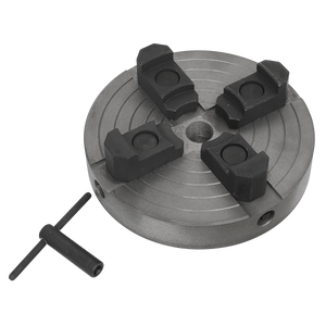 Introducing the Sealey Independent Chuck - SM42/ACC5, a metal four-jaw chuck complete with a T-handle wrench, perfect for your wood turning lathe.