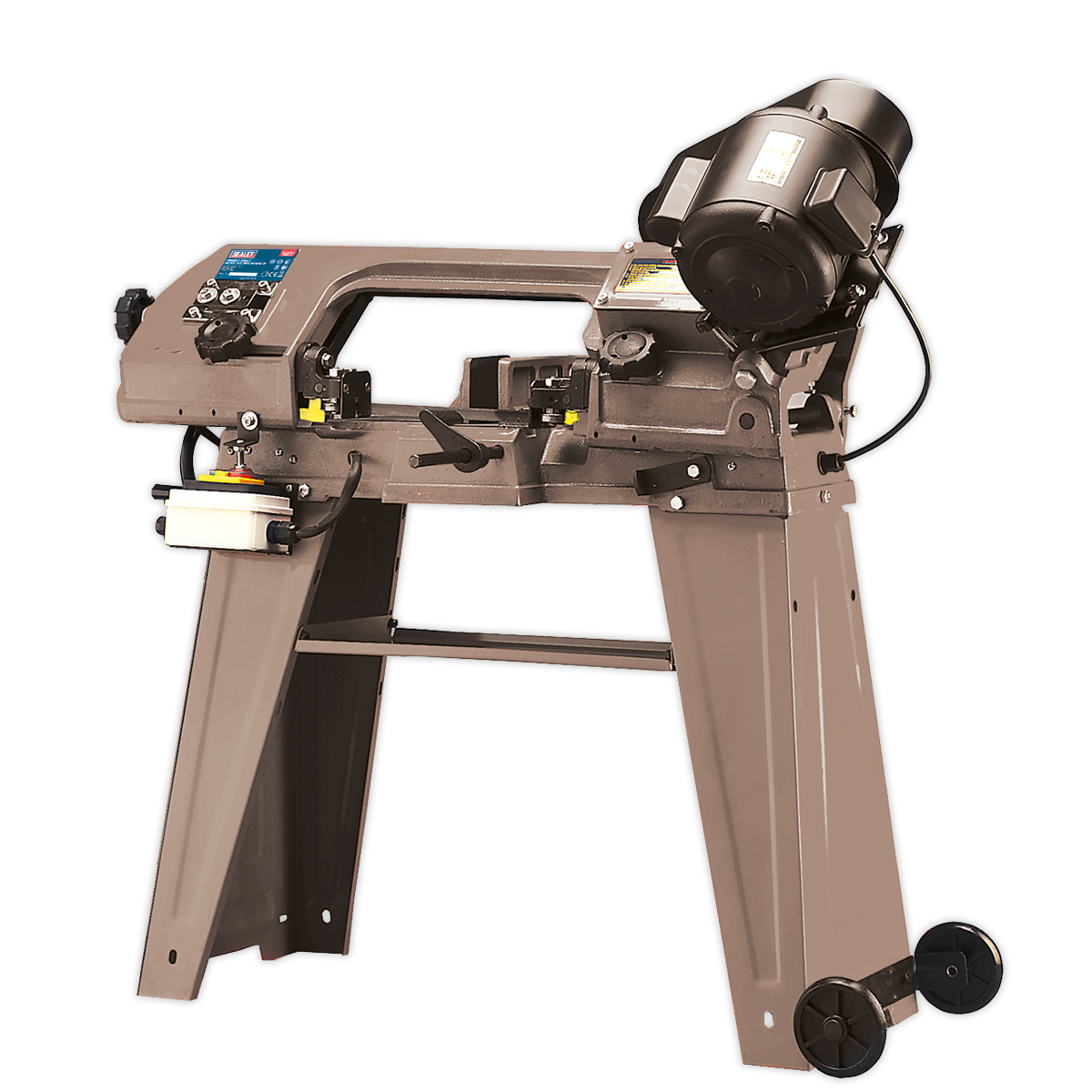 Introducing the Sealey Metal Cutting Bandsaw 3-Speed 150mm 230V - SM5: a standalone machine equipped with an oil-bath gearbox, mounted motor, control knobs, and safety guards, all supported by a heavy-duty cast base with wheels.