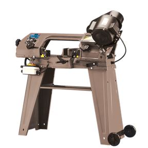 Introducing the Sealey Metal Cutting Bandsaw 3-Speed 150mm 230V - SM5: a standalone machine equipped with an oil-bath gearbox, mounted motor, control knobs, and safety guards, all supported by a heavy-duty cast base with wheels.