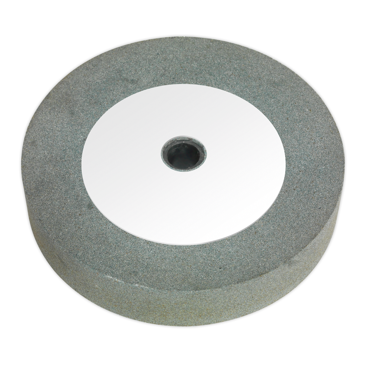 The Sealey Wet Stone Wheel Ø200 x 40mm, 20mm Bore for SM521 (Model No. SM521GW200W) is a circular sharpening stone featuring a central hole. It is typically used for wet grinding tools and blades, with a gray exterior and a white inner ring.