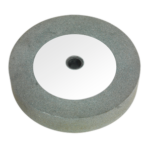 The Sealey Wet Stone Wheel Ø200 x 40mm, 20mm Bore for SM521 (Model No. SM521GW200W) is a circular sharpening stone featuring a central hole. It is typically used for wet grinding tools and blades, with a gray exterior and a white inner ring.