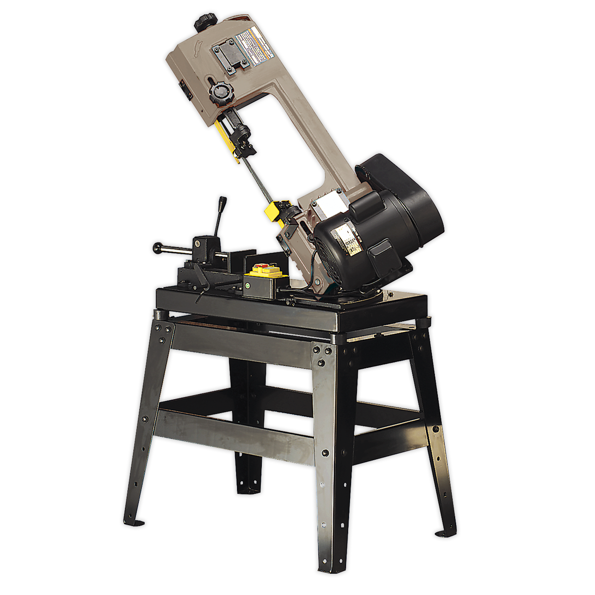 The Sealey Metal Cutting Bandsaw 150mm 230V with Mitre & Quick Lock Vice - SM65 is mounted on a sturdy black stand and features a beige-colored body. It comes equipped with an oil-bath gearbox, adjustable precision blade guides, and multiple safety features that comply with the Machinery Safety Directive.