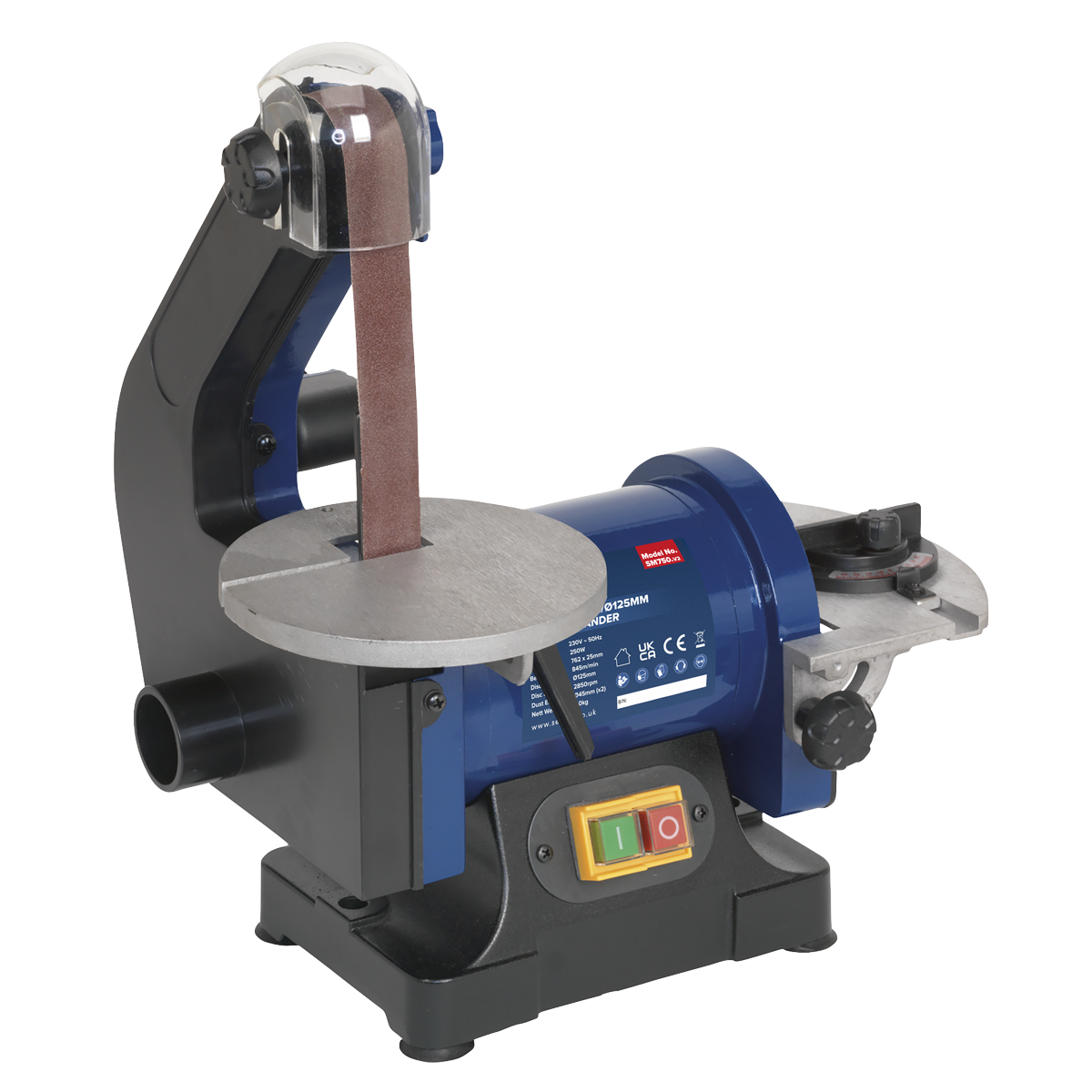 Introducing the Belt/Disc Sander 25 x 762mm/Ø125mm 250W/230V - SM750 by Sealey. This stationary sander boasts a sleek blue and black design, a vertically mounted sanding belt, and an induction motor for robust performance. It also features user-friendly control buttons, making it perfect for all your woodworking needs.