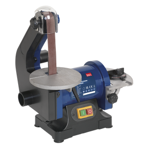 Introducing the Belt/Disc Sander 25 x 762mm/Ø125mm 250W/230V - SM750 by Sealey. This stationary sander boasts a sleek blue and black design, a vertically mounted sanding belt, and an induction motor for robust performance. It also features user-friendly control buttons, making it perfect for all your woodworking needs.