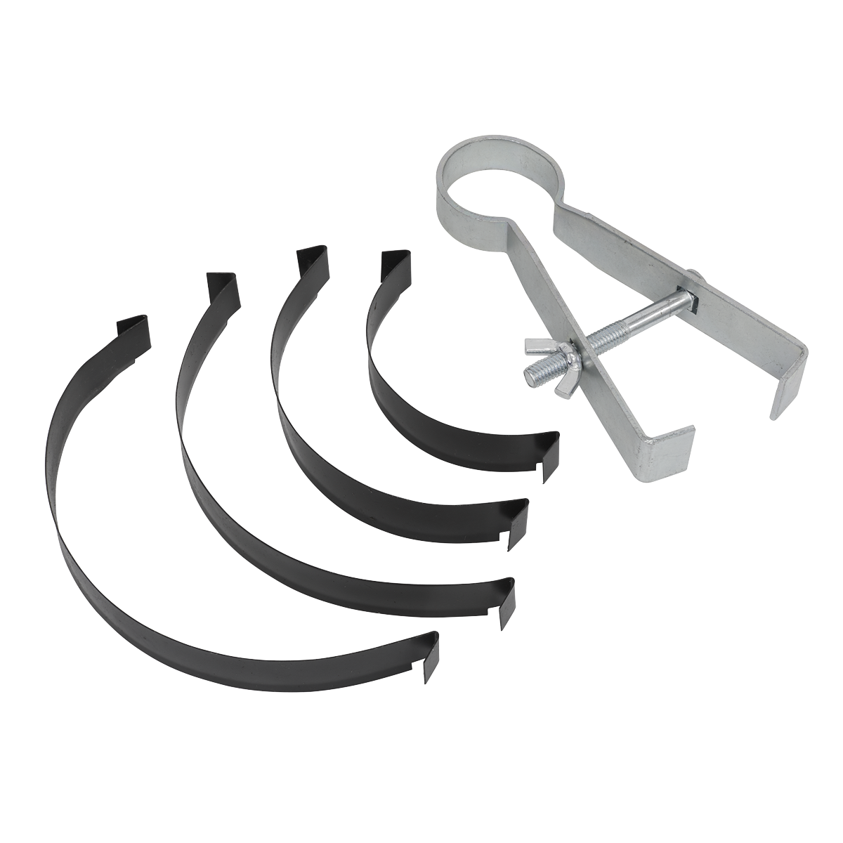 The Sealey Motorcycle Piston Ring Compressing Tool - SMC16, featuring three black curved segments and a silver tightening clamp, is designed to prevent piston ring damage across various engine sizes.