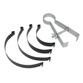 The Sealey Motorcycle Piston Ring Compressing Tool - SMC16, featuring three black curved segments and a silver tightening clamp, is designed to prevent piston ring damage across various engine sizes.