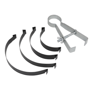 The Sealey Motorcycle Piston Ring Compressing Tool - SMC16, featuring three black curved segments and a silver tightening clamp, is designed to prevent piston ring damage across various engine sizes.