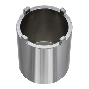 The Sealey SMC18 Motorcycle Swingarm Locknut Socket 4-Pin 48.5mm is a cylindrical metal tool with four prongs at the top edge, resembling a castellated locknut.