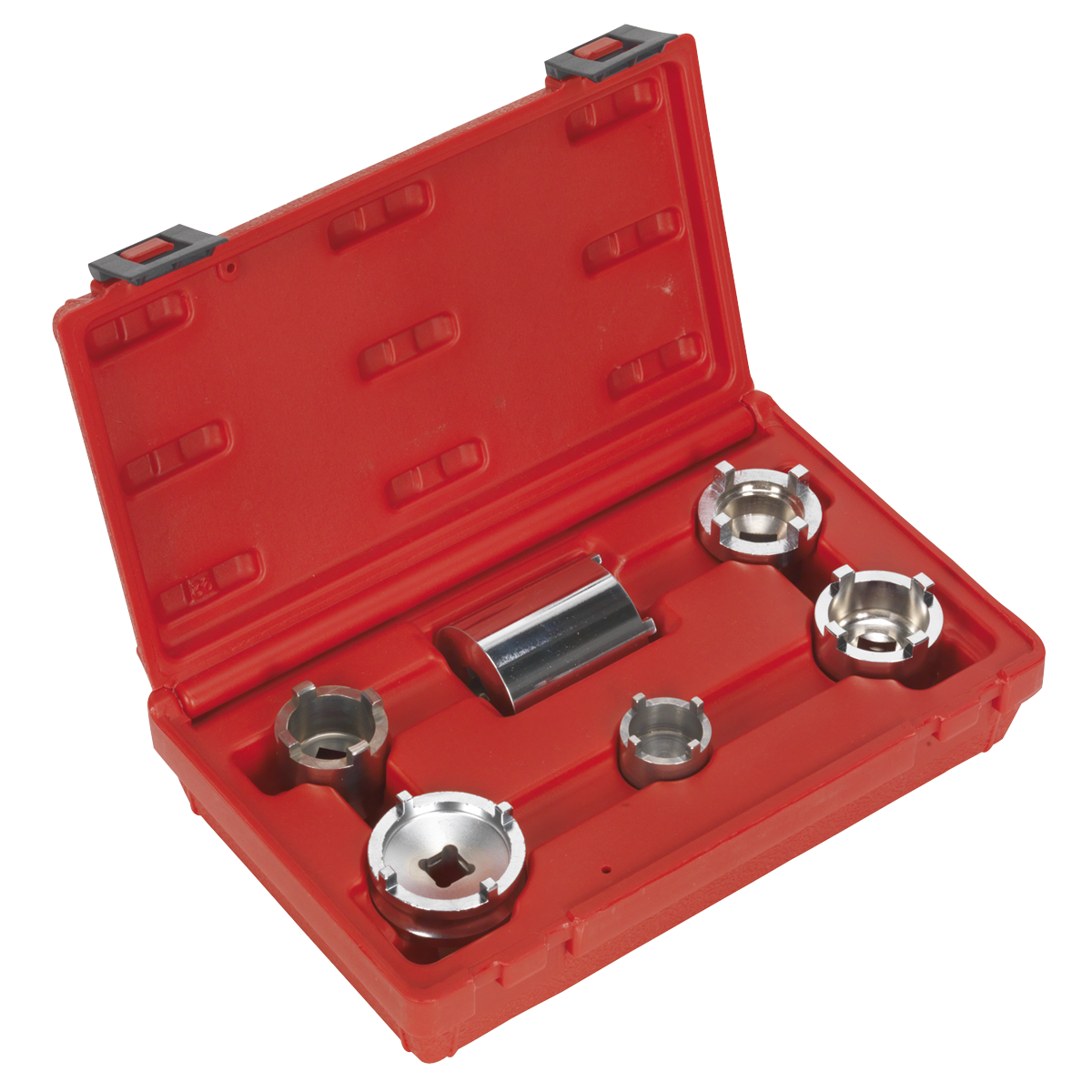 The Sealey Motorcycle Swingarm Locknut Socket Set 6pc - SMC1 features a red plastic case containing six neatly arranged silver metal tools, including a castellated locknut remover.