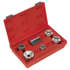 The Sealey Motorcycle Swingarm Locknut Socket Set 6pc - SMC1 features a red plastic case containing six neatly arranged silver metal tools, including a castellated locknut remover.