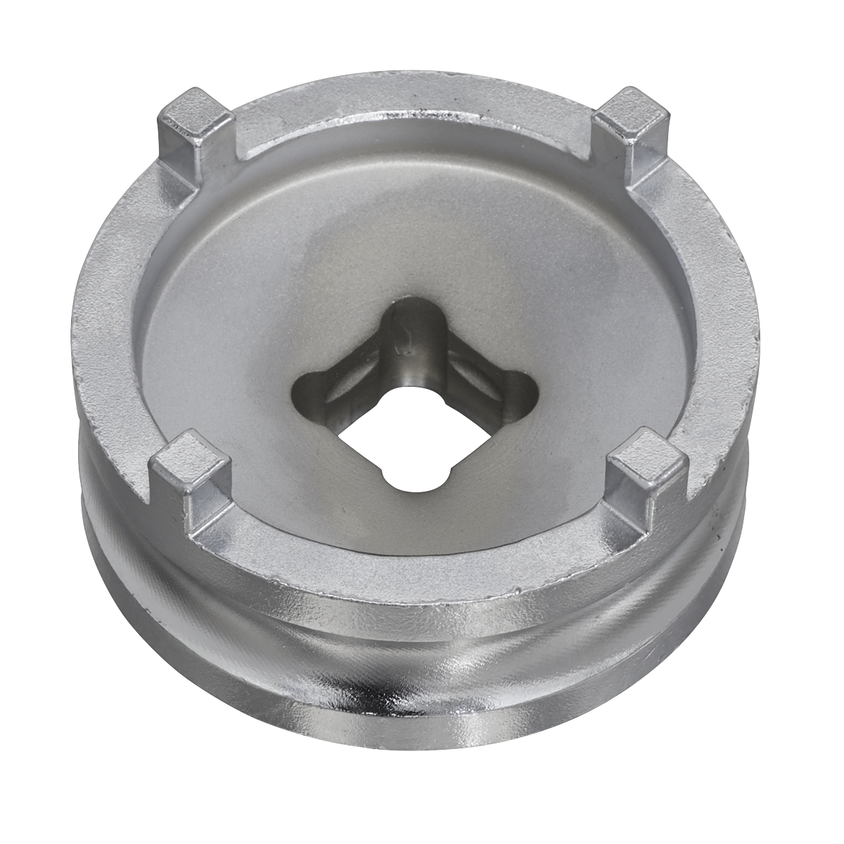 A circular metallic component with a central triangular cutout and four protruding tabs around the edge, reminiscent of the intricately designed Sealey Motorcycle Swingarm Locknut Socket 4-Pin 50mm - SMC22.