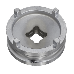 A circular metallic component with a central triangular cutout and four protruding tabs around the edge, reminiscent of the intricately designed Sealey Motorcycle Swingarm Locknut Socket 4-Pin 50mm - SMC22.