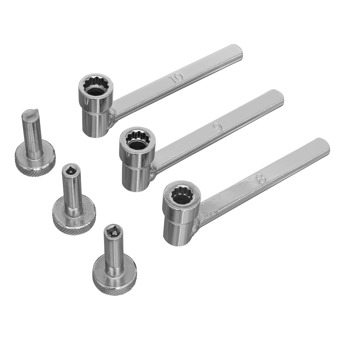 A set of six pieces, including four metallic ratcheting wrenches and four corresponding bolt components, from the Sealey Tappet Adjustment Tool Set 6pc - SMC24, arranged on a white background, ideal for precise tappet adjustments.