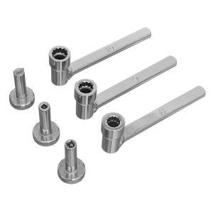 A set of six pieces, including four metallic ratcheting wrenches and four corresponding bolt components, from the Sealey Tappet Adjustment Tool Set 6pc - SMC24, arranged on a white background, ideal for precise tappet adjustments.