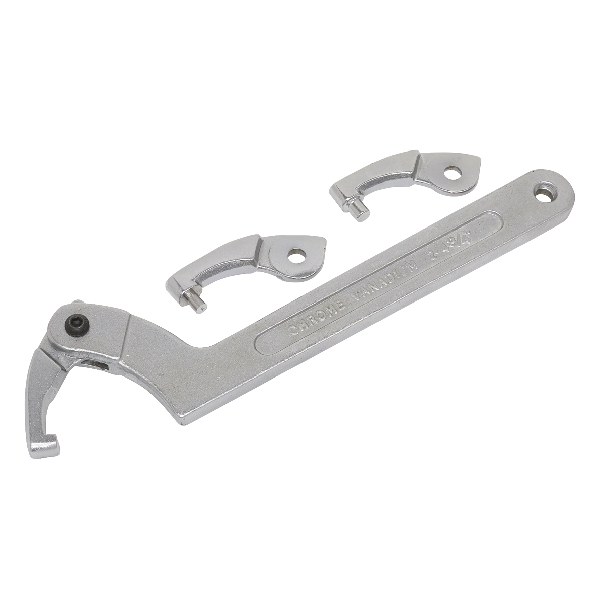 The Sealey Adjustable C Spanner, Hook & Pin Wrench Set 4pc (SMC2L), features hardened and tempered steel construction with two additional interchangeable clamp heads.