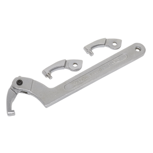 The Sealey Adjustable C Spanner, Hook & Pin Wrench Set 4pc (SMC2L), features hardened and tempered steel construction with two additional interchangeable clamp heads.