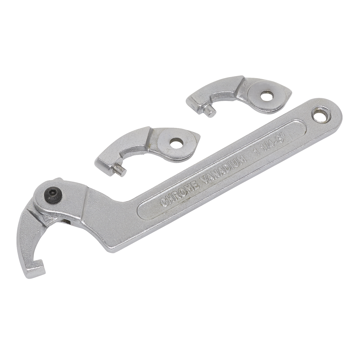 The Sealey Adjustable C Spanner - Hook & Pin Wrench Set 4pc 32-76mm (SMC2M) features a durable Chrome Vanadium steel construction with three interchangeable heads, making it ideal for slotted retaining rings.