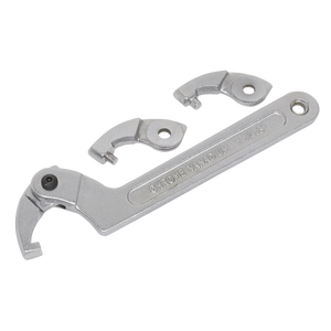 The Sealey Adjustable C Spanner - Hook & Pin Wrench Set 4pc 32-76mm (SMC2M) features a durable Chrome Vanadium steel construction with three interchangeable heads, making it ideal for slotted retaining rings.