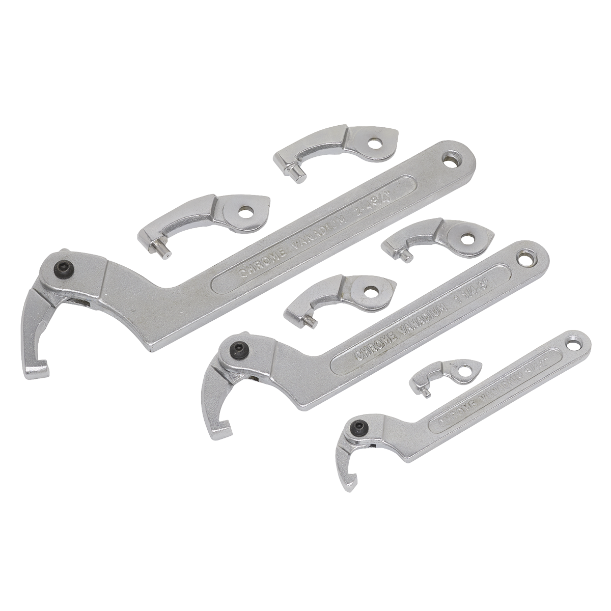 Three different-sized hook spanners with four interchangeable heads and slotted retaining rings, made from durable Chrome Vanadium steel, part of the Sealey Adjustable C-Spanner - Hook & Pin Wrench Set 11pc (SMC2), arranged on a white background.