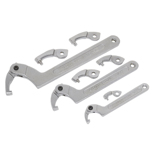 Three different-sized hook spanners with four interchangeable heads and slotted retaining rings, made from durable Chrome Vanadium steel, part of the Sealey Adjustable C-Spanner - Hook & Pin Wrench Set 11pc (SMC2), arranged on a white background.