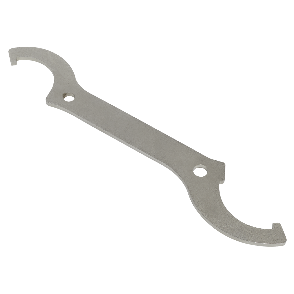 The Sealey Double Hook-End C-Spanner 36-42mm/45-50mm - SMC38 boasts a double-sided metal design with curved ends and a flat handle, making it perfect for rear suspension adjustment. It also features two holes in the center for convenient hanging or attachment.