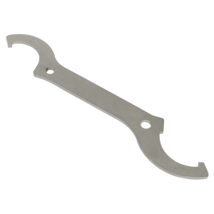 The Sealey Double Hook-End C-Spanner 36-42mm/45-50mm - SMC38 boasts a double-sided metal design with curved ends and a flat handle, making it perfect for rear suspension adjustment. It also features two holes in the center for convenient hanging or attachment.