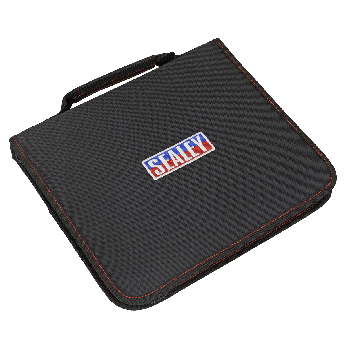 A Sealey-branded zipped tool pouch, named the SMC43, featuring a black fabric case with six pockets, adjustable hook-and-loop retainers, a handle, and red stitching along the edges.