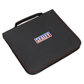 A Sealey-branded zipped tool pouch, named the SMC43, featuring a black fabric case with six pockets, adjustable hook-and-loop retainers, a handle, and red stitching along the edges.