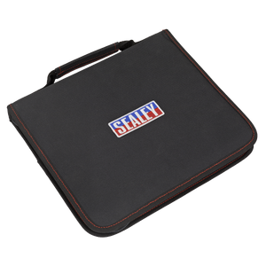 A Sealey-branded zipped tool pouch, named the SMC43, featuring a black fabric case with six pockets, adjustable hook-and-loop retainers, a handle, and red stitching along the edges.