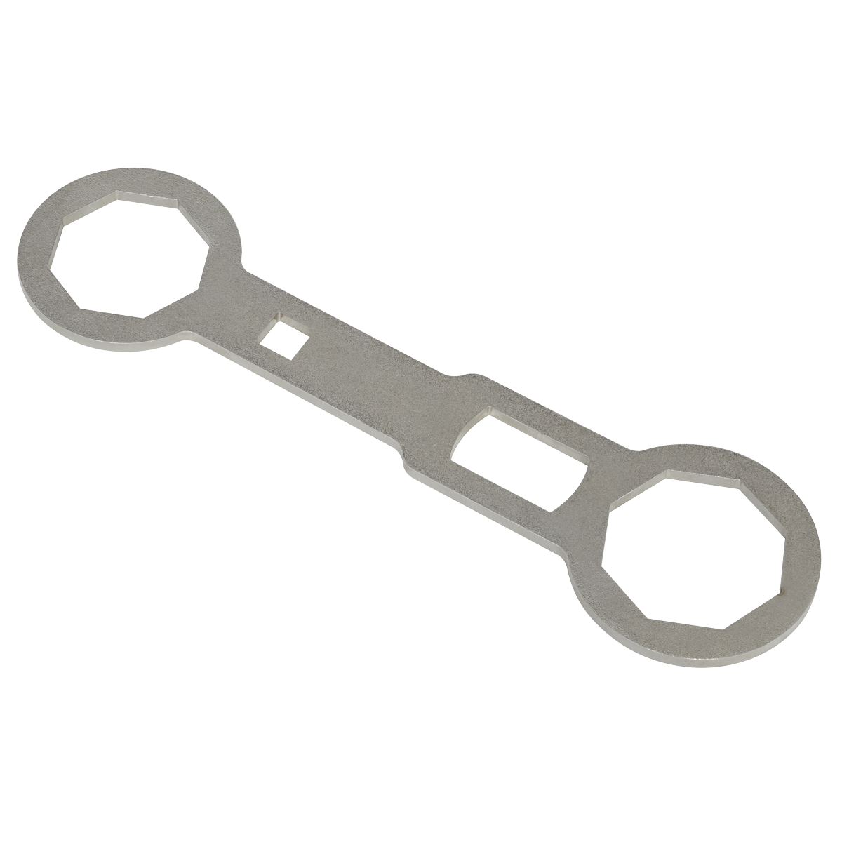 Sealey's Fork Cap Spanner 46 & 50mm - SMC46 is a metal wrench-like tool with two hexagonal openings of different sizes on each end and a rectangular opening in the middle, resembling the Showa fork cap spanner.