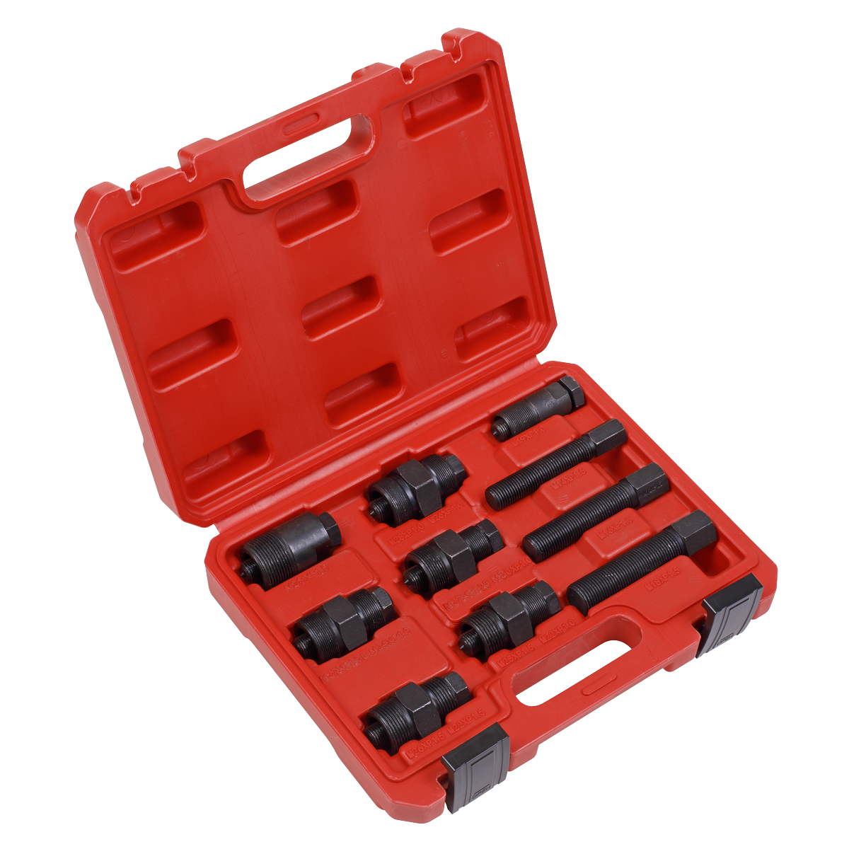 The Sealey Motorcycle Flywheel Puller Set 10pc - SMC48 comes in a red storage case and includes various components, such as black bolts and screw extractors, all neatly organized.