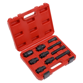 The Sealey Motorcycle Flywheel Puller Set 10pc - SMC48 comes in a red storage case and includes various components, such as black bolts and screw extractors, all neatly organized.