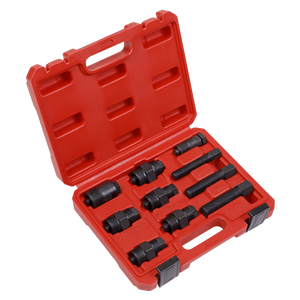 The Sealey Motorcycle Flywheel Puller Set 10pc - SMC48 comes in a red storage case and includes various components, such as black bolts and screw extractors, all neatly organized.