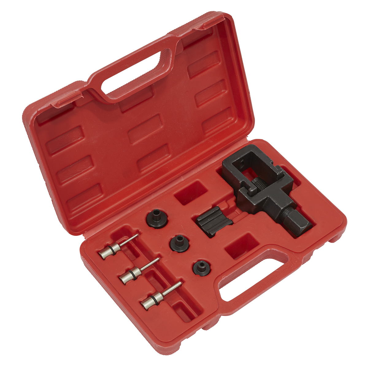 A red plastic carrying case containing the Sealey Motorcycle Chain Splitter & Riveting Tool Set - Heavy-Duty (Model: SMC4), designed for motorcycle chains and various metal components and attachments.