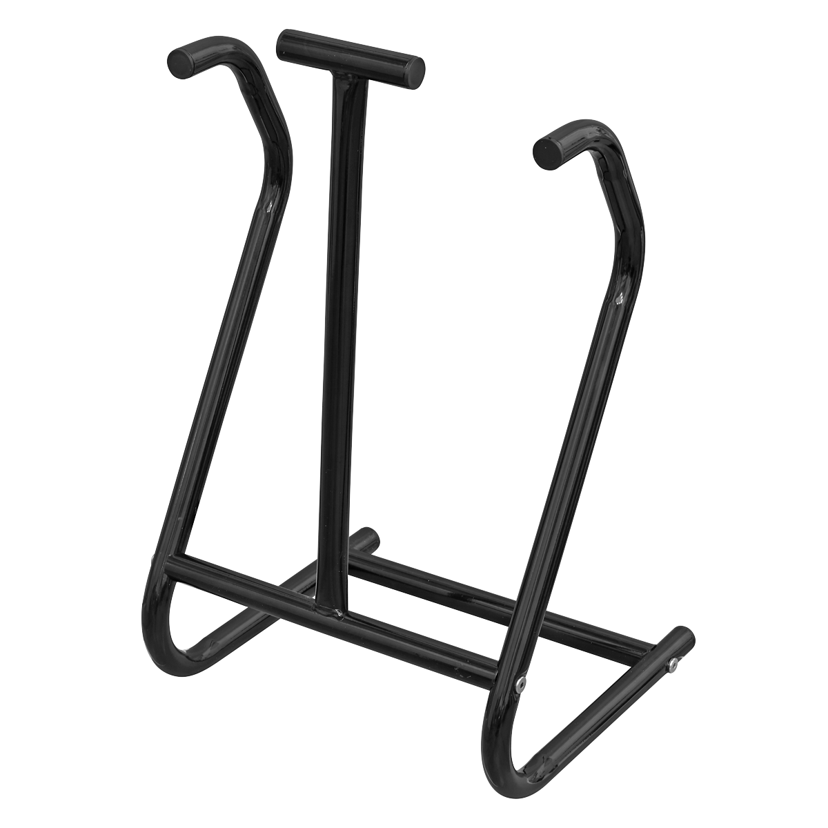 The Sealey Boot/Helmet Stand - SMC50 is a black metal stand featuring two upright bars and a horizontal base, ideal for helmet storage.