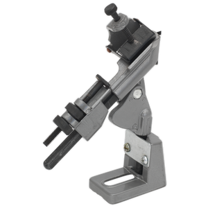 The Sealey Drill Bit Sharpener Grinding Attachment - SMS01 is a gray, adjustable metal clamp with a sturdy base and screws for tightening, perfect for securely holding HSS twist drill bits while you work on your bench grinder.