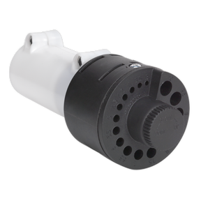 A close-up of the Sealey Manual Drill Bit Sharpener - SMS2001M, showcasing a black and white pressure regulator with an adjustable dial for various pressure levels, enhanced by a HSS Titanium finish.