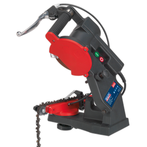 Image of the Sealey Chainsaw Blade Sharpener - Quick Locating 85W - SMS2002C, featuring a red and black body and control buttons. With its tilting vice, the device securely holds a partially inserted chainsaw chain, ensuring ease of use.