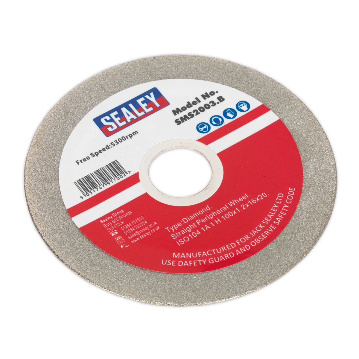 A Sealey branded Grinding Disc Diamond Coated 100mm with a red and white label indicating Model No. SMS2003.B, featuring a free speed of 5300rpm and safety instructions. Ideal for pairing with a saw blade sharpener to maintain its cutting precision.