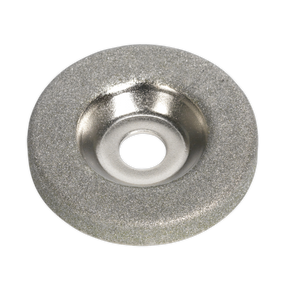 A close-up image of the Sharpening Wheel for SMS2004 (model SMS2004.06) by Sealey, featuring a circular metal design with a central hole and a rough, textured surface around the edges.