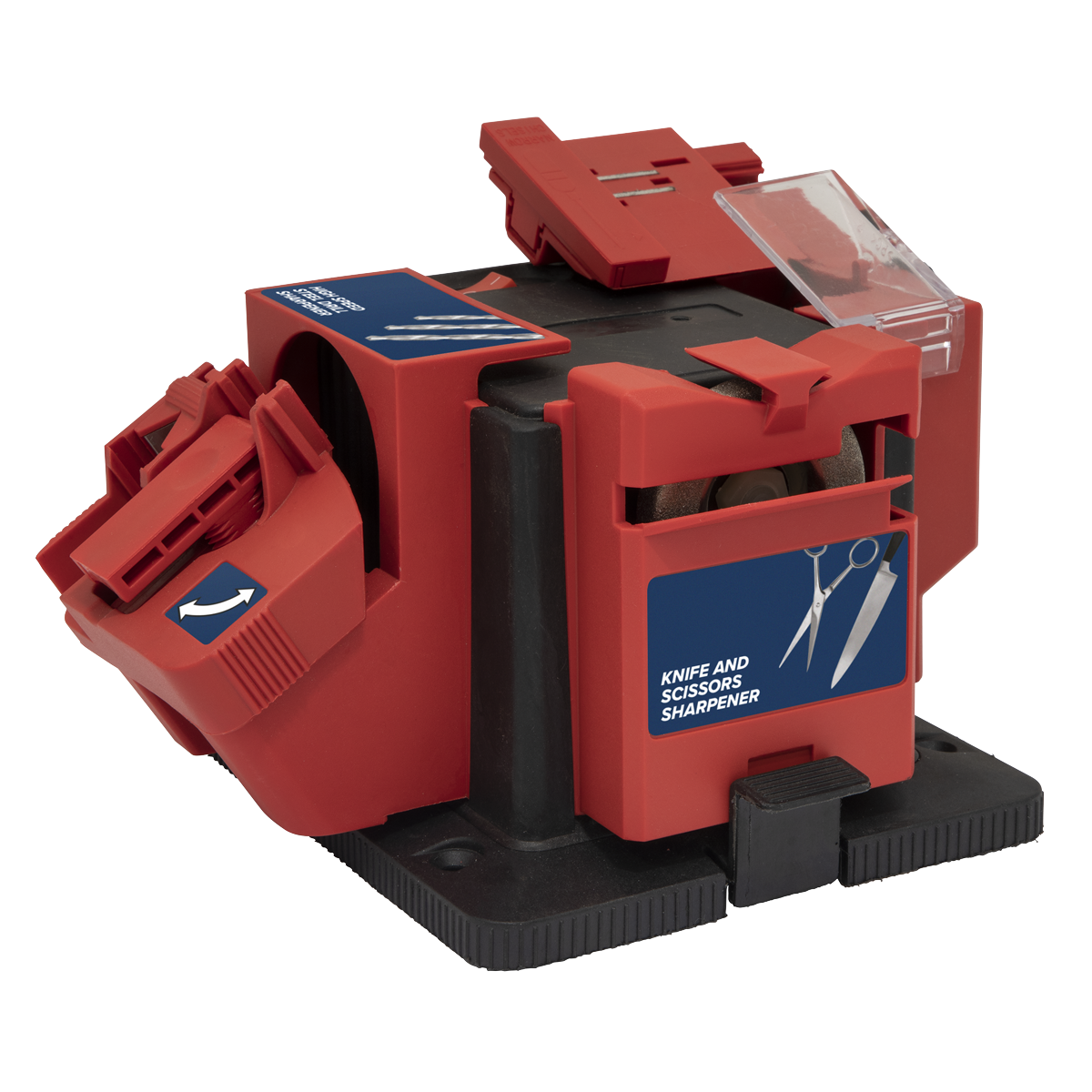 A red and black, portable Sealey electric multipurpose sharpener, model SMS2004 with a 65W motor and convenient bench mounting feature, equipped with various slots for knives and scissors and labeled with instructional stickers.