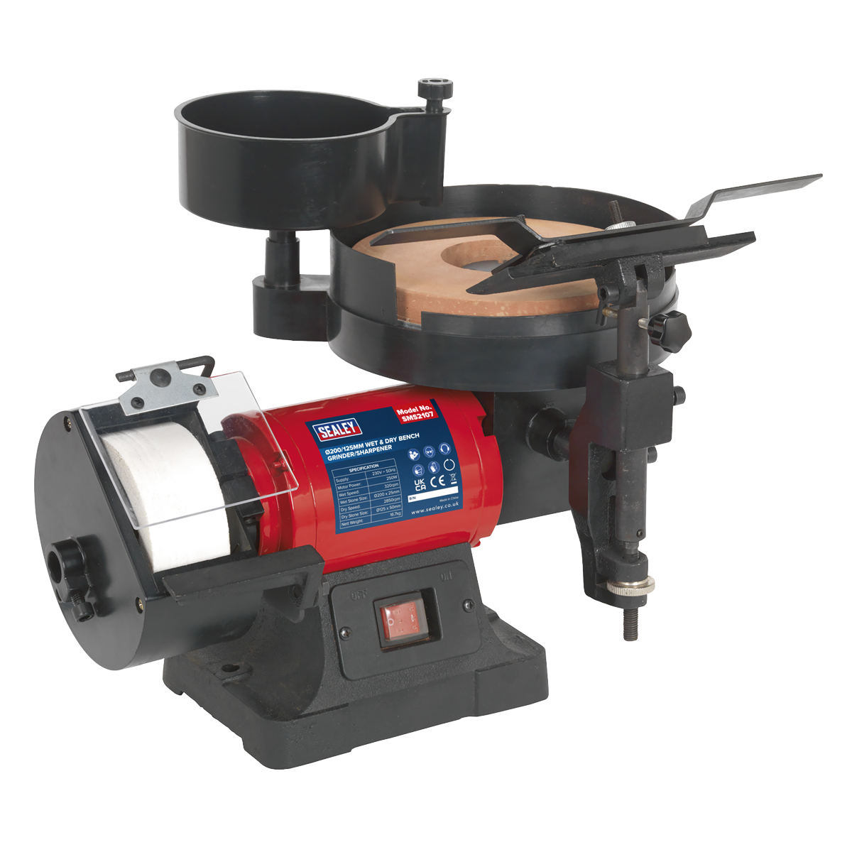 The Sealey Bench Grinder/Sharpener Wet & Dry Ø200/125mm 250W/230V - SMS2107 is a red and black machine equipped with an attached magnifying glass and tool rest. It features a grinding wheel on the left and a polishing disc on the right, all powered by a reliable induction motor.