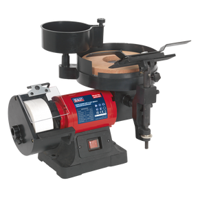 The Sealey Bench Grinder/Sharpener Wet & Dry Ø200/125mm 250W/230V - SMS2107 is a red and black machine equipped with an attached magnifying glass and tool rest. It features a grinding wheel on the left and a polishing disc on the right, all powered by a reliable induction motor.