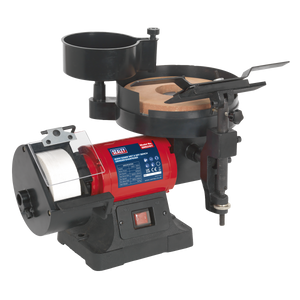 The Sealey Bench Grinder/Sharpener Wet & Dry Ø200/125mm 250W/230V - SMS2107 is a red and black machine equipped with an attached magnifying glass and tool rest. It features a grinding wheel on the left and a polishing disc on the right, all powered by a reliable induction motor.