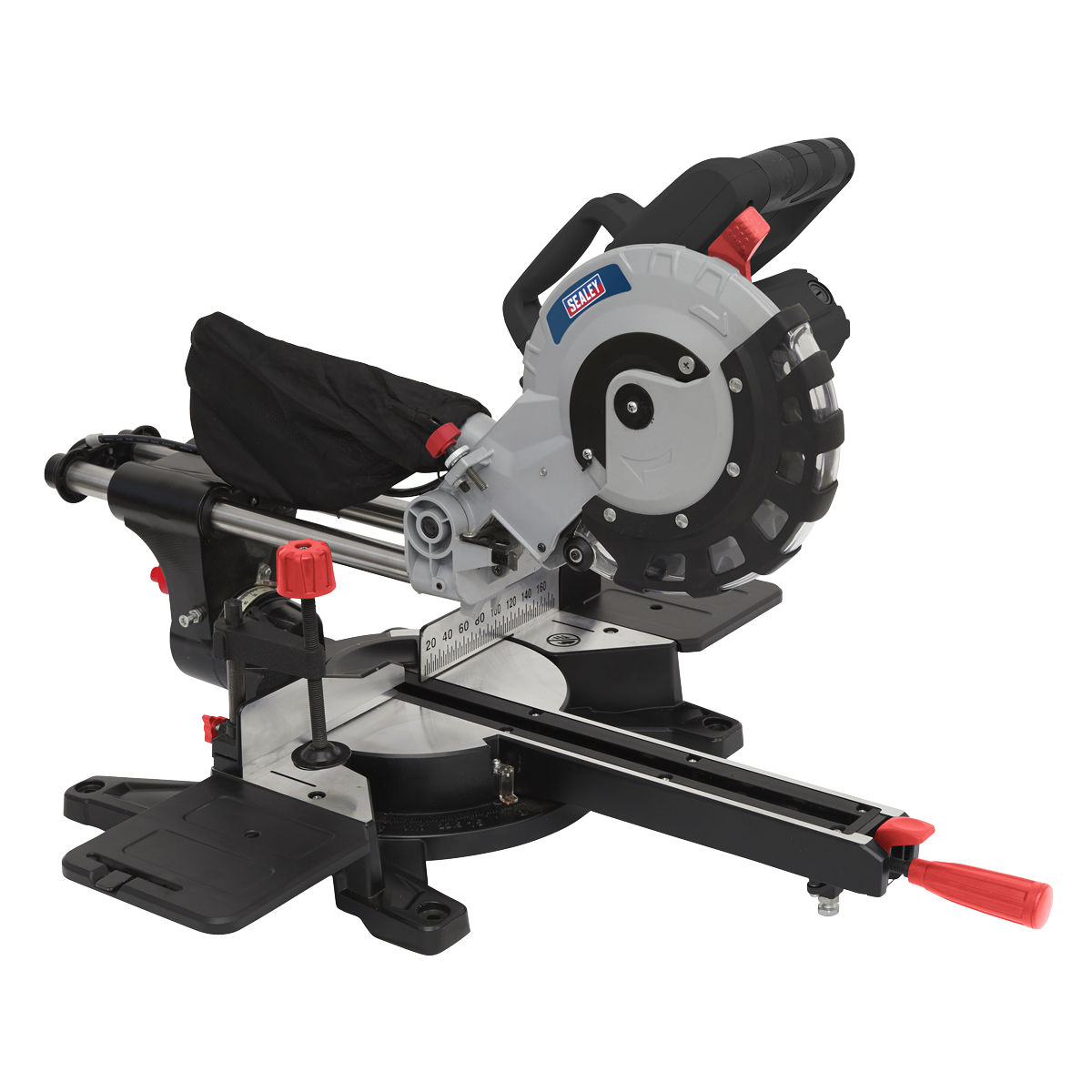 The Sealey Sliding Compound Mitre Saw Ø216mm - SMS216 features a circular TCT blade, sliding rails, and red and black adjustment controls. It includes a dust collection bag, a measurement guide on the base, and a laser guide for precise cuts.